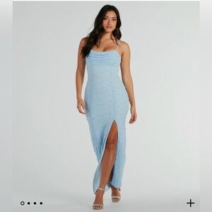 Light Blue Pearl Bead Formal Dress